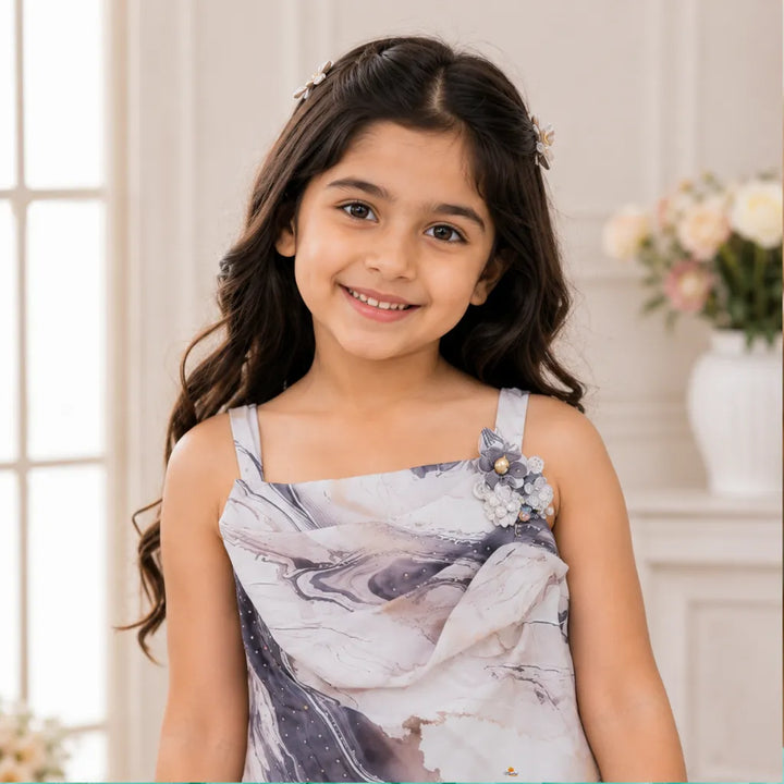 Girls Marble Print Sleeveless Top with Sling Bag