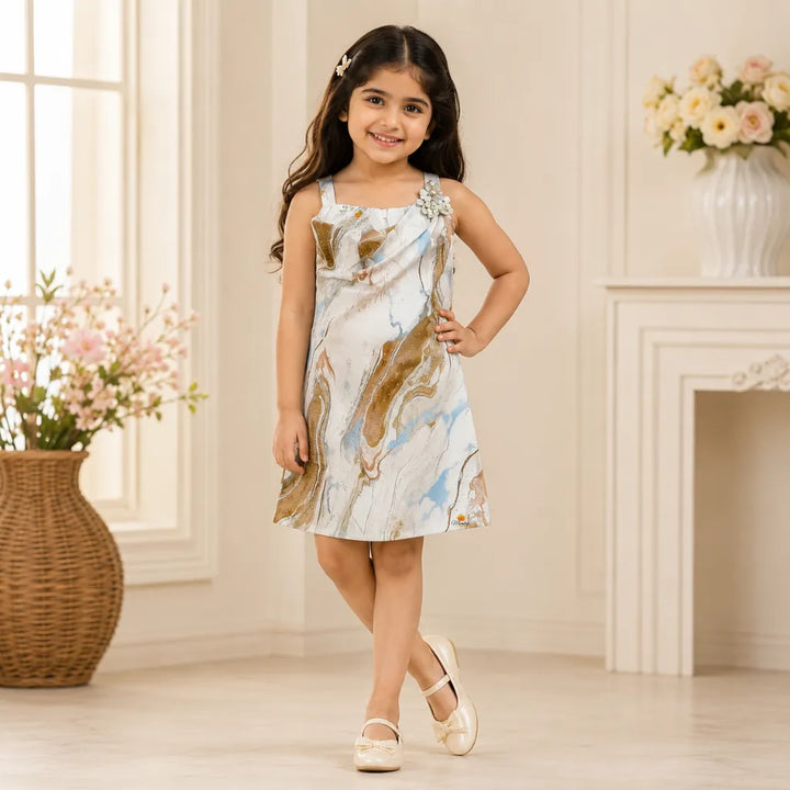 Girls Marble Print Sleeveless Top with Sling Bag