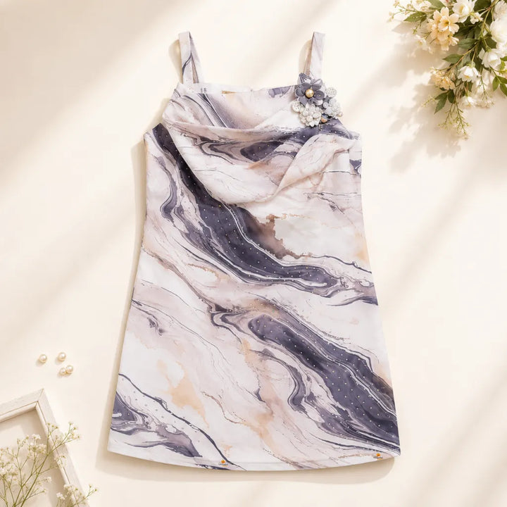Girls Marble Print Sleeveless Top with Sling Bag