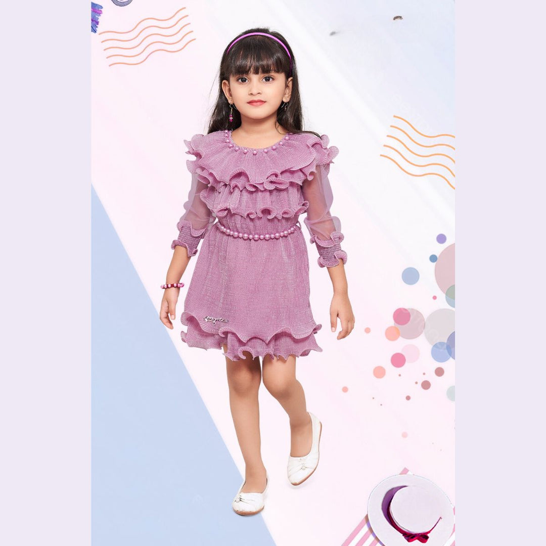 Purple & Mustard Frill Midi Dress for Girls Front 