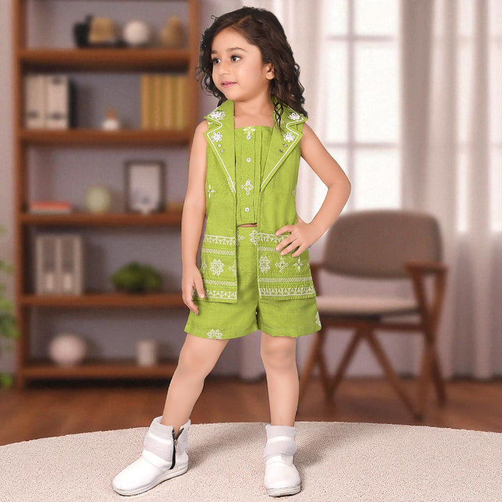 Green & Pink Western Set for Girls with Jacket