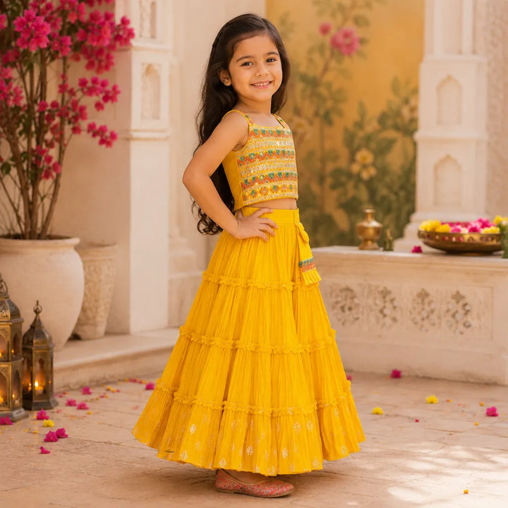 Mustard Mirror Work Lehenga Choli for Girls