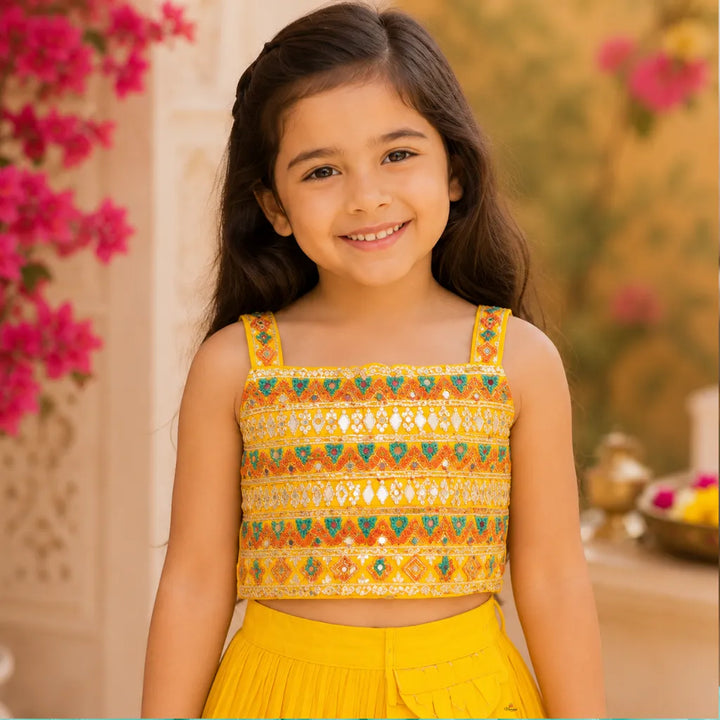 Mustard Mirror Work Lehenga Choli for Girls