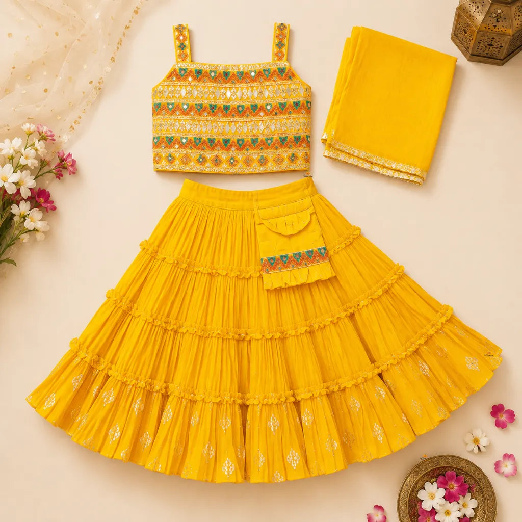 Mustard Mirror Work Lehenga Choli for Girls