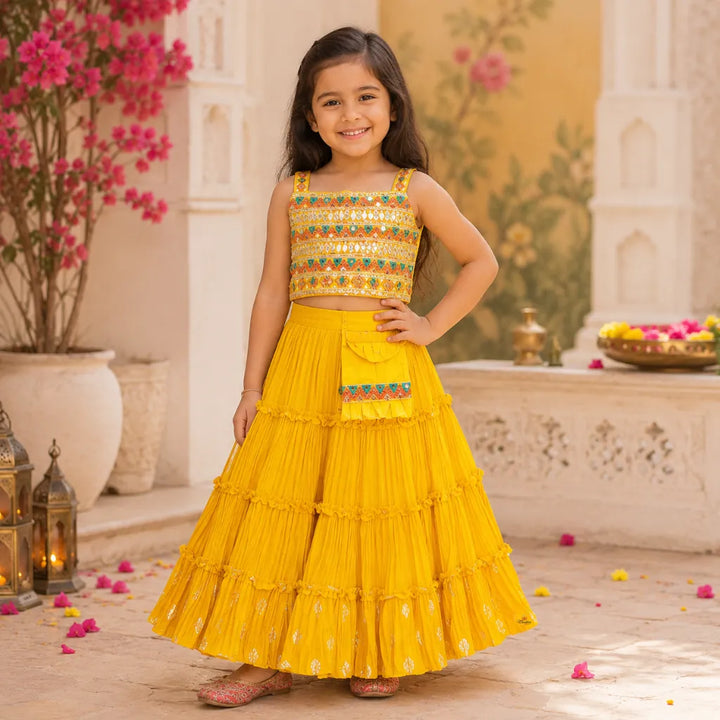 Mustard Mirror Work Lehenga Choli for Girls