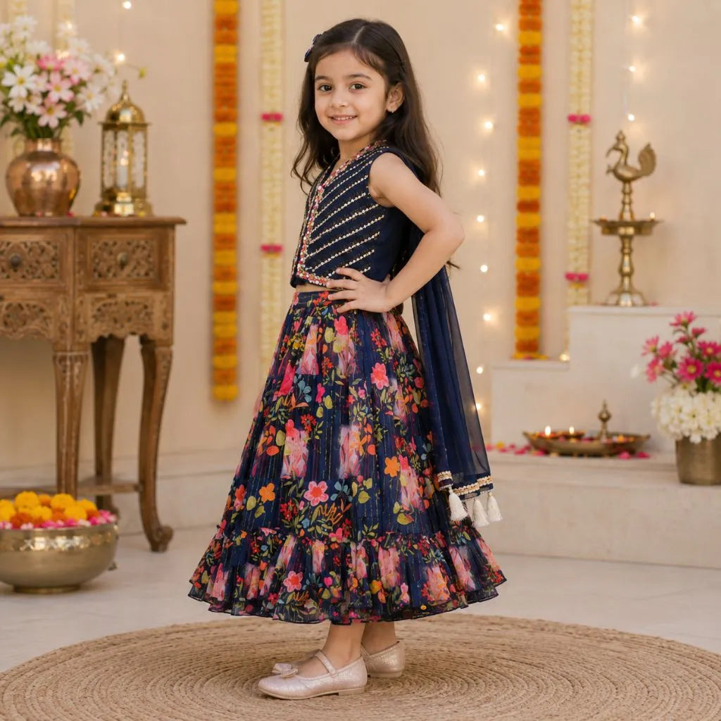 Navy Blue Mirror Work Girls Lehenga Choli