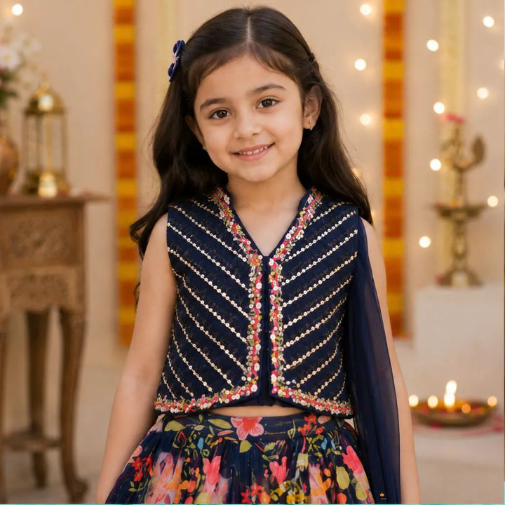Navy Blue Mirror Work Girls Lehenga Choli