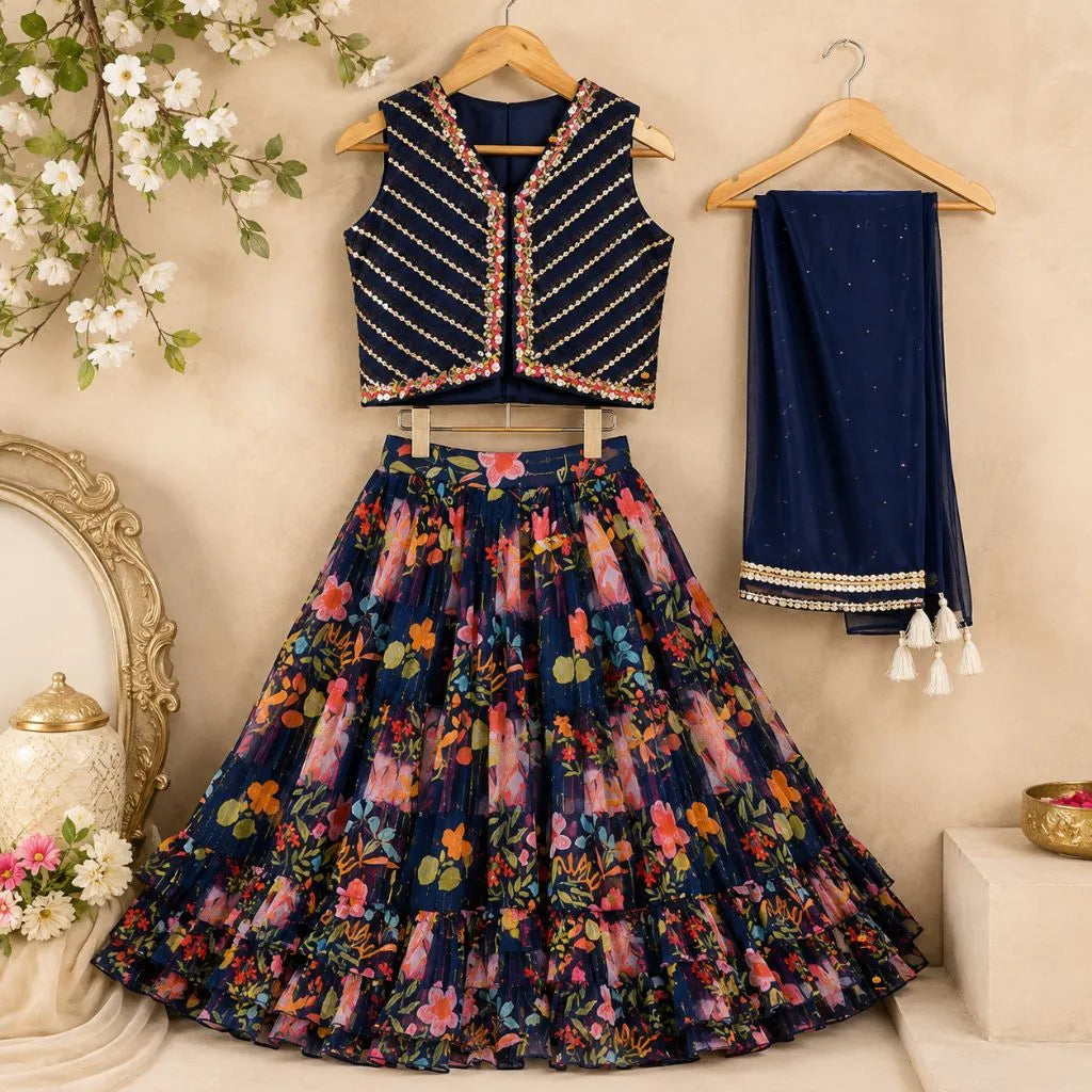 Navy Blue Mirror Work Girls Lehenga Choli