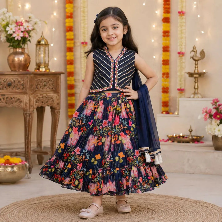 Navy Blue Mirror Work Girls Lehenga Choli