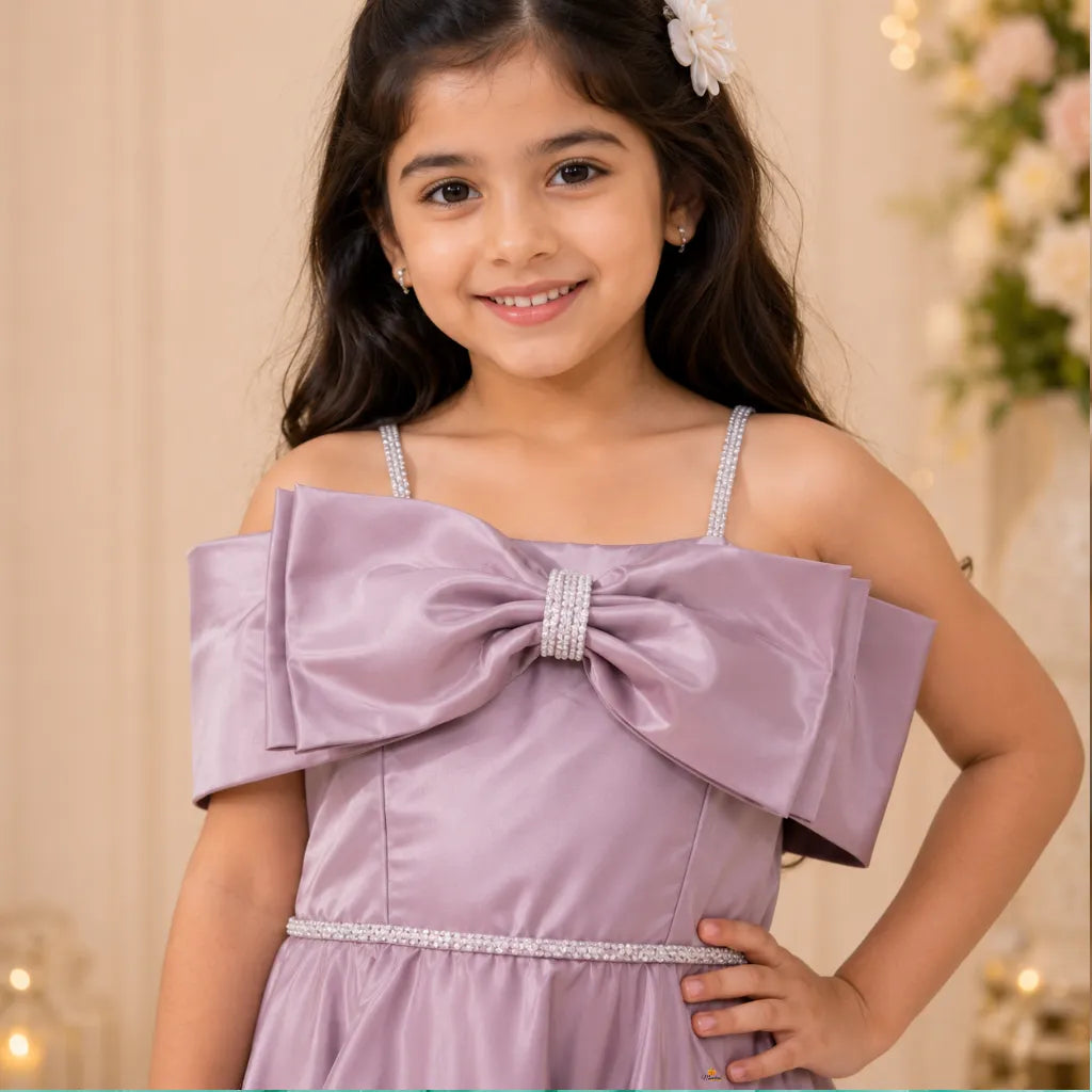 Girls Off Shoulder Party Gown with Statement Bow