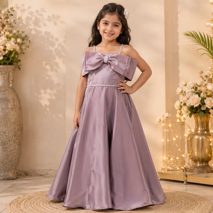 Girls Off Shoulder Party Gown with Statement Bow
