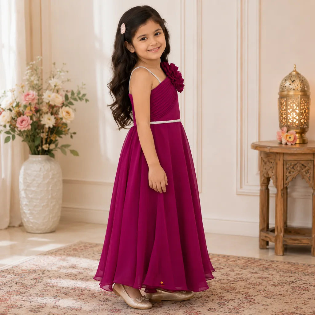 Girls One Shoulder Party Gown with Floral Detail