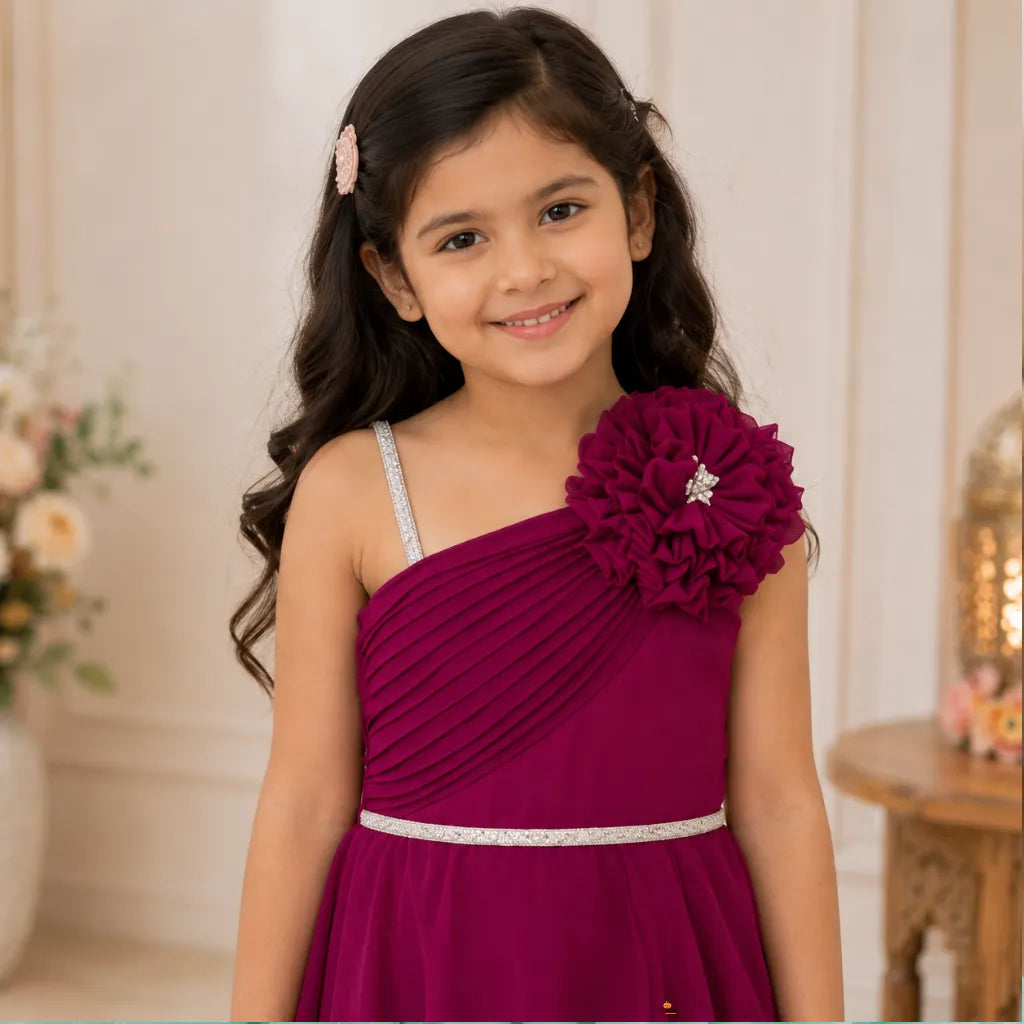 Girls One Shoulder Party Gown with Floral Detail