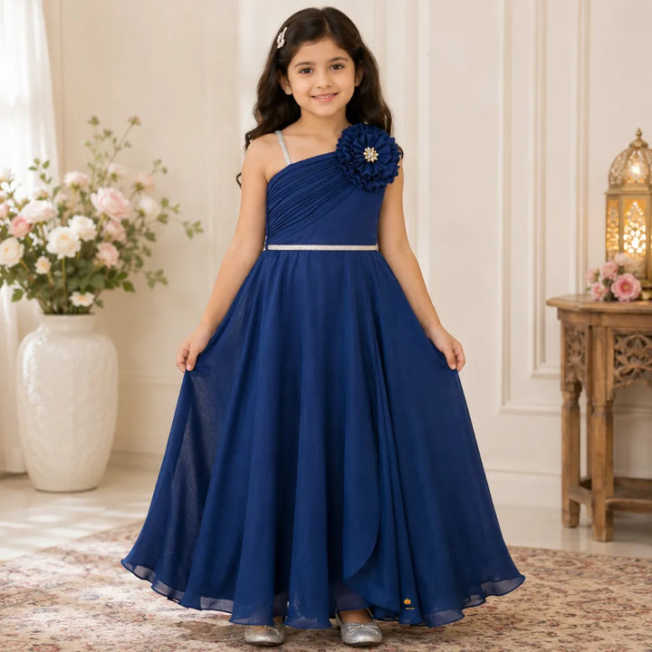 Girls One Shoulder Party Gown with Floral Detail