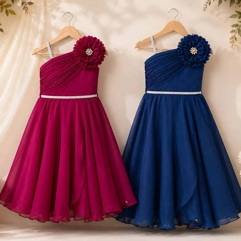 Girls One Shoulder Party Gown with Floral Detail