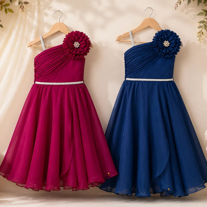 Girls One Shoulder Party Gown with Floral Detail