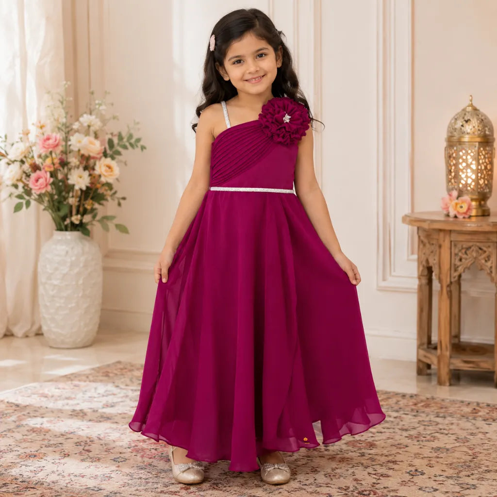 Girls One Shoulder Party Gown with Floral Detail