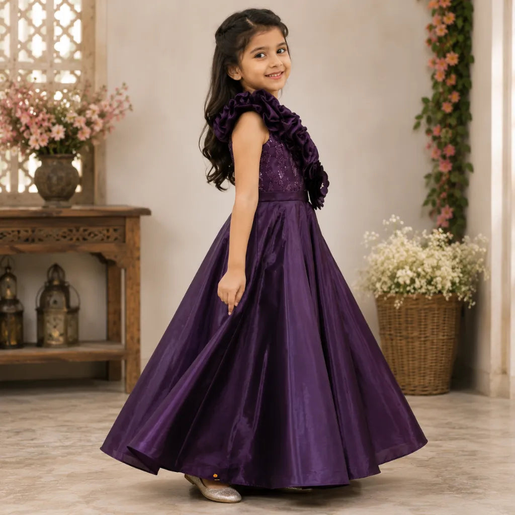 Girls Designer One Shoulder Party Gown with Floral Detail