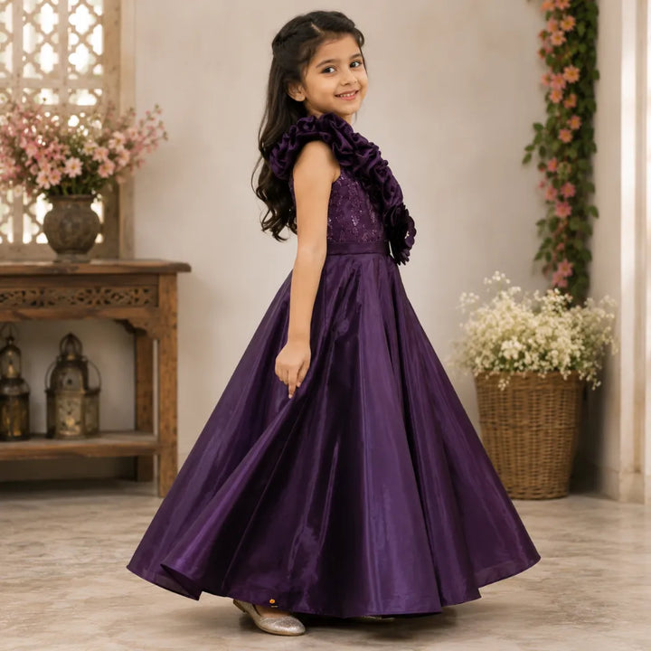 Girls Designer One Shoulder Party Gown with Floral Detail