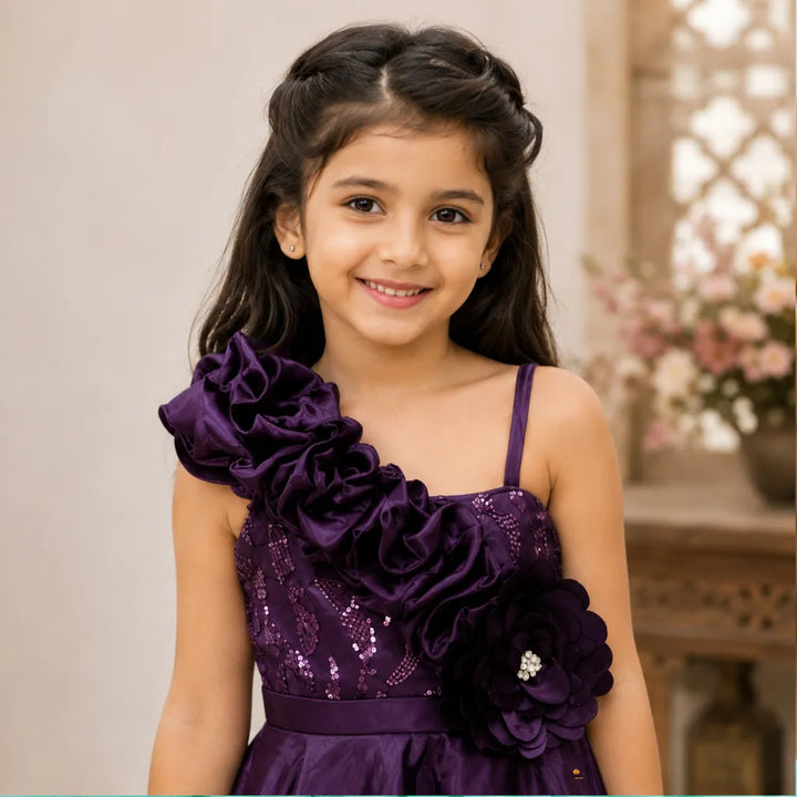 Girls Designer One Shoulder Party Gown with Floral Detail