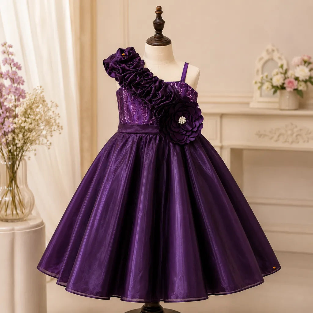 Girls Designer One Shoulder Party Gown with Floral Detail