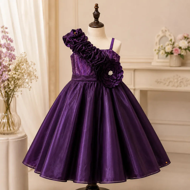 Girls Designer One Shoulder Party Gown with Floral Detail