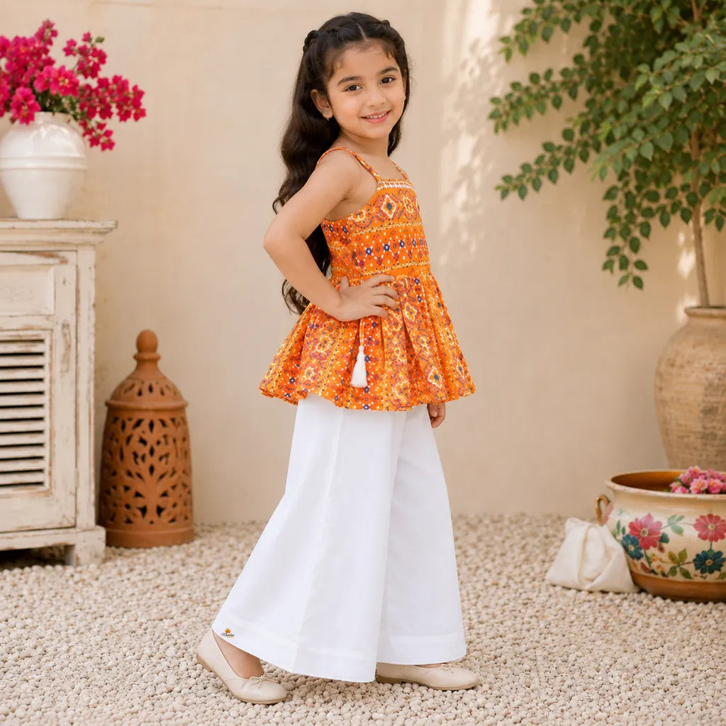 Orange Bandhej Pattern Peplum Girls Palazzo Suit