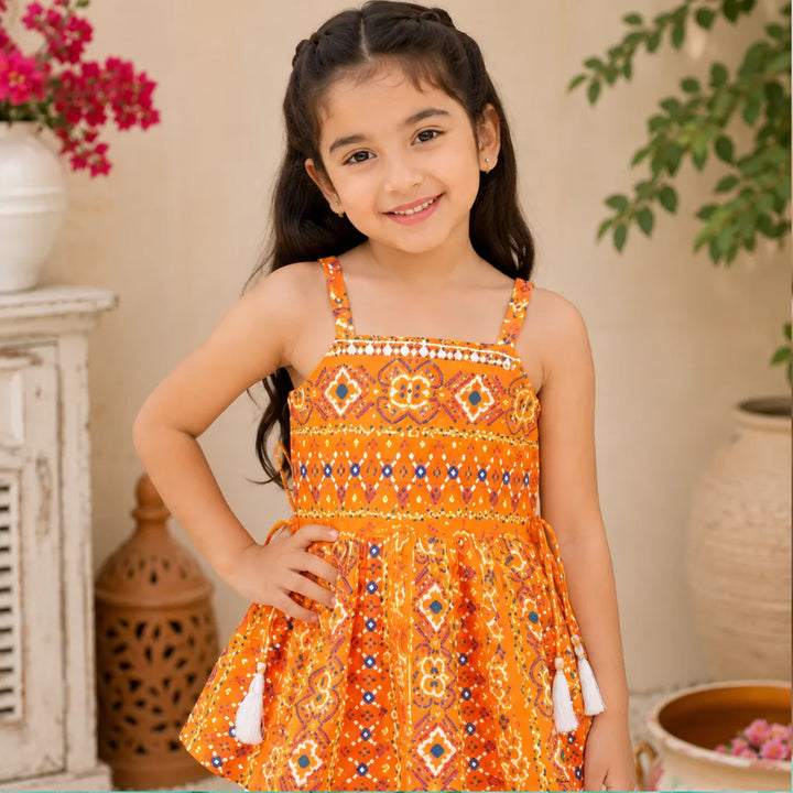 Orange Bandhej Pattern Peplum Girls Palazzo Suit