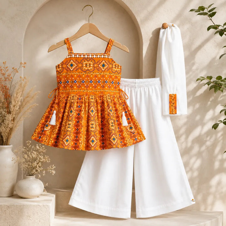 Orange Bandhej Pattern Peplum Girls Palazzo Suit