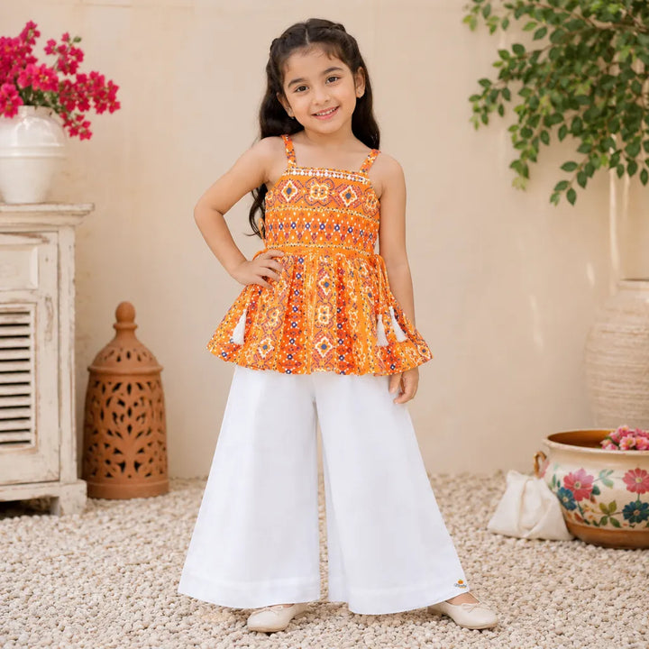Orange Bandhej Pattern Peplum Girls Palazzo Suit