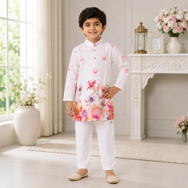 Boys Orange Floral Print Kurta Pajama Set