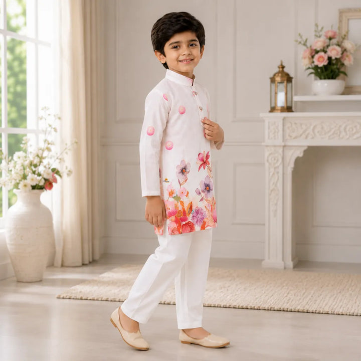 Boys Orange Floral Print Kurta Pajama Set