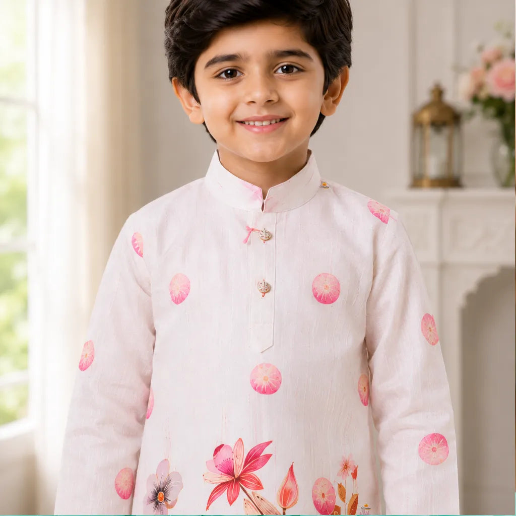 Boys Orange Floral Print Kurta Pajama Set