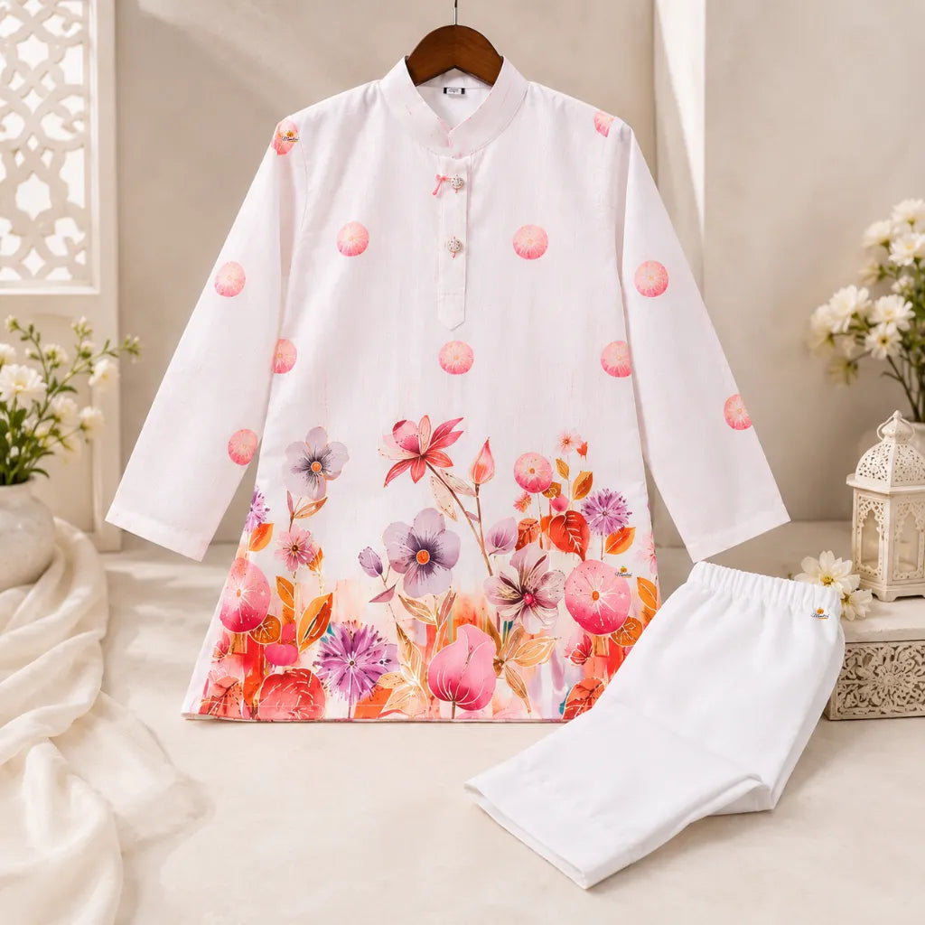 Boys Orange Floral Print Kurta Pajama Set