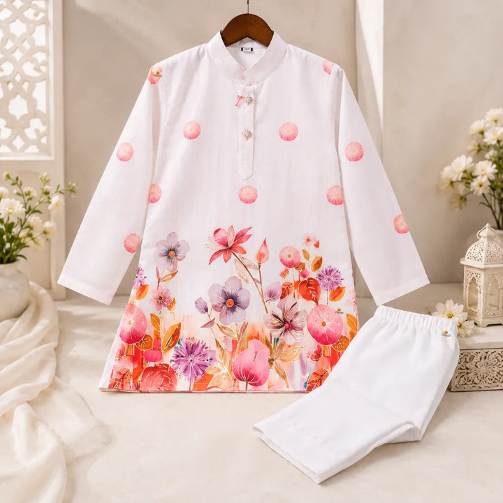 Boys Orange Floral Print Kurta Pajama Set