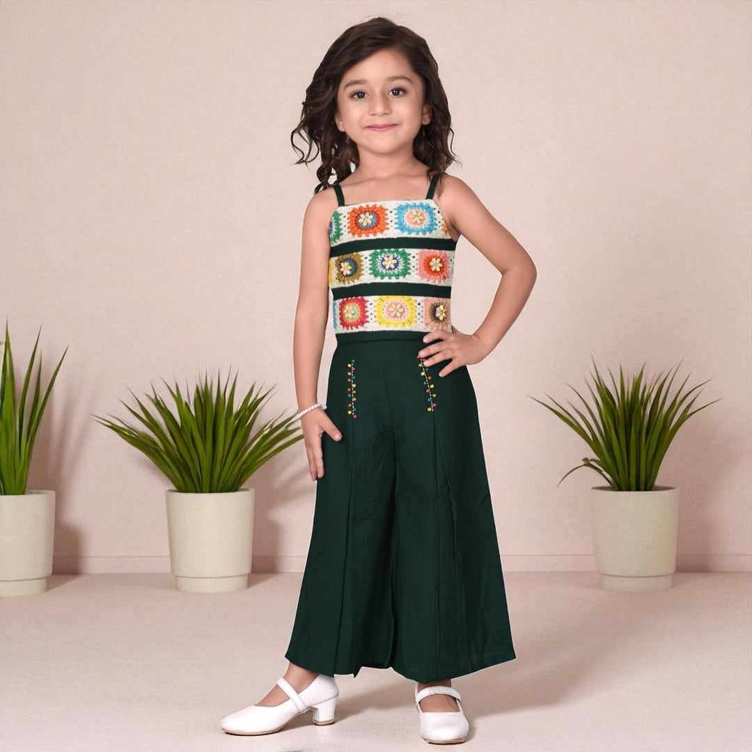 Green Crochet Top & Palazzo Set for Girls