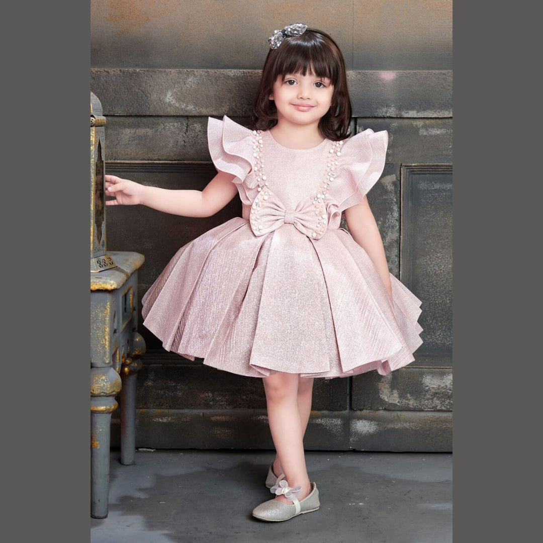Onion Ruffled Sleeves & Bow Girls Frock Front 
