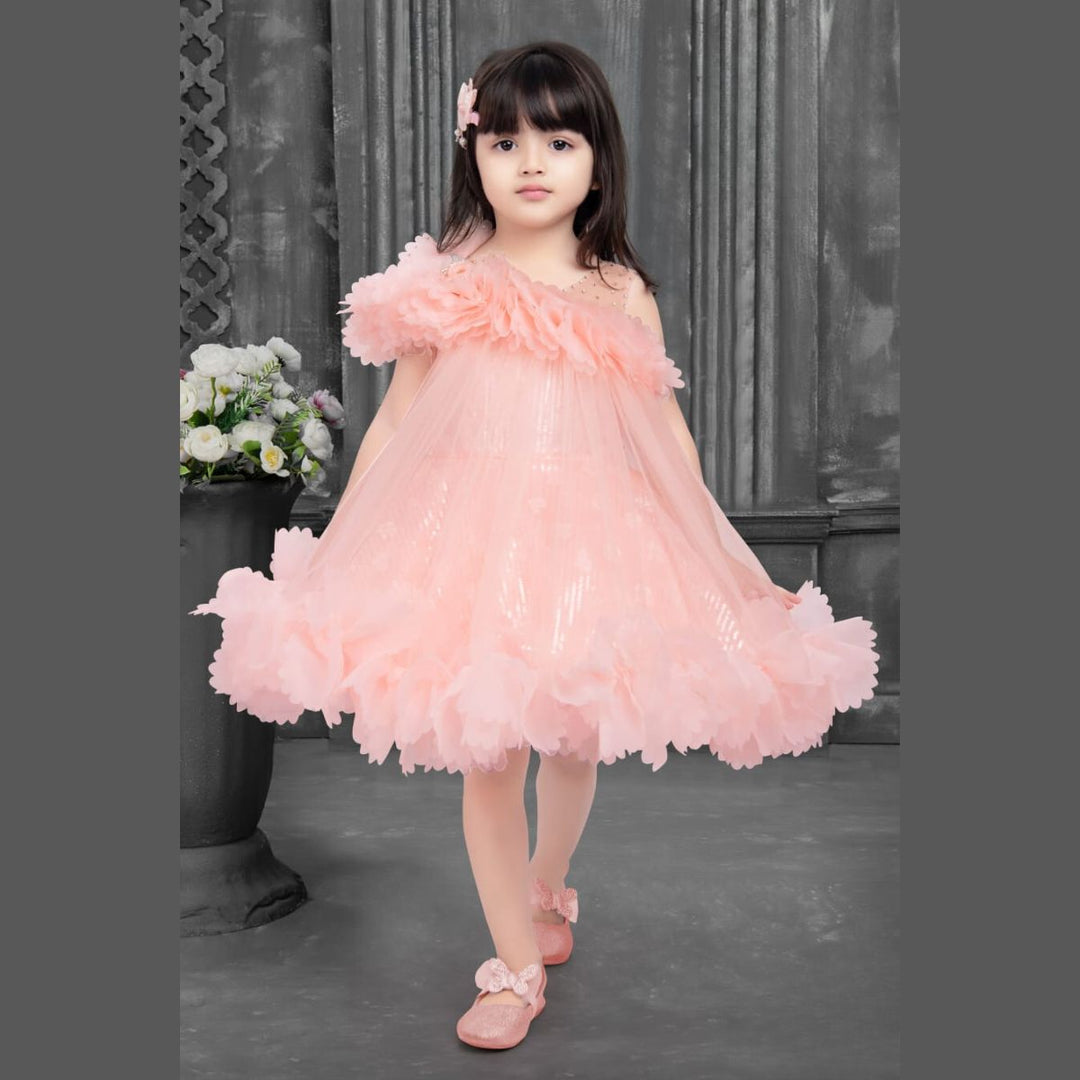 Peach White Floral Frill Frock for Girls
