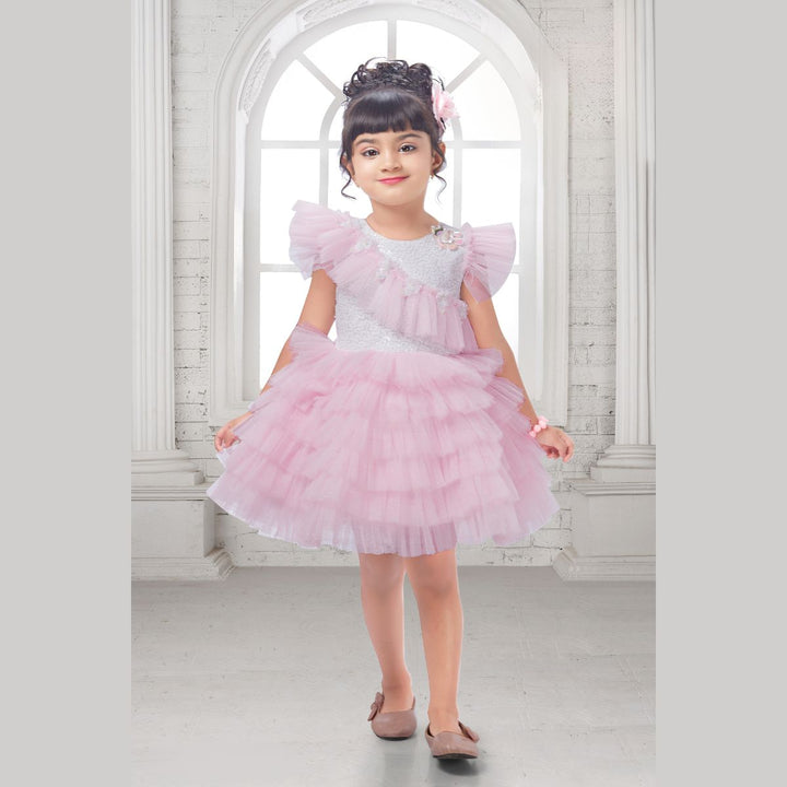 Pink Layered Sequin Girls Frock Front 