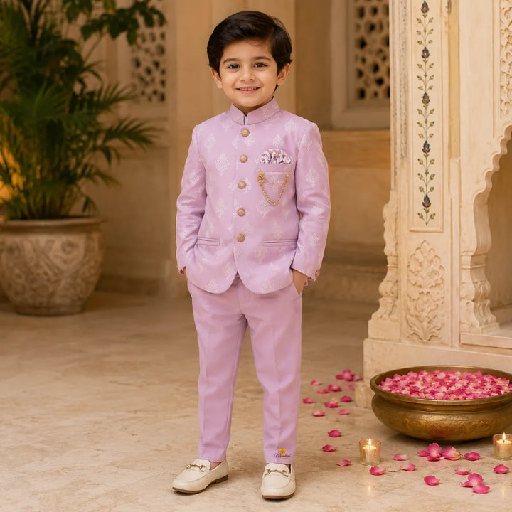 Peach Damask Printed Jodhpuri Suit for Boys