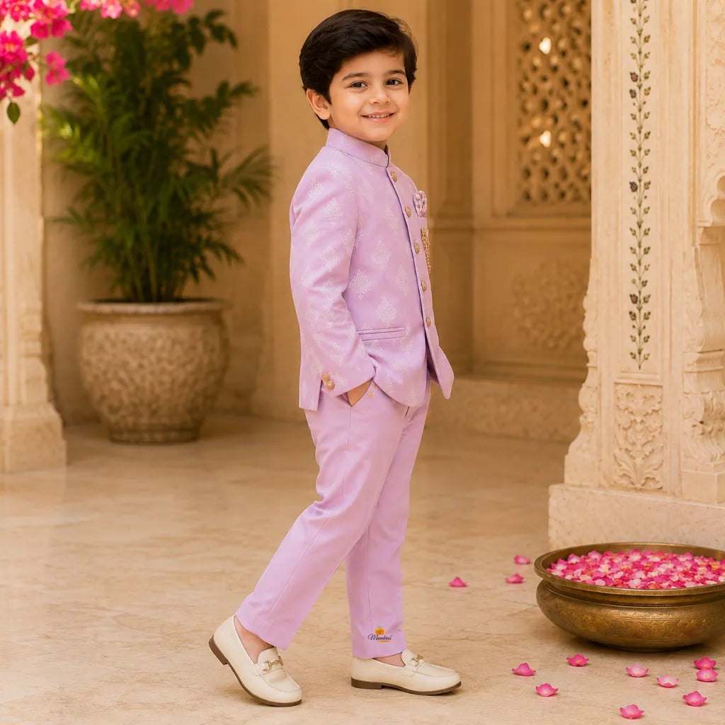 Peach Damask Printed Jodhpuri Suit for Boys
