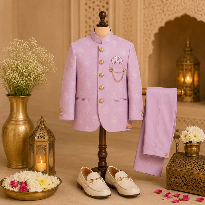 Peach Damask Printed Jodhpuri Suit for Boys