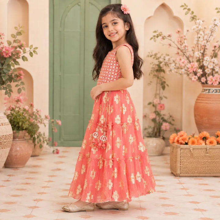 Peach Embroidered Girls Lehenga Choli