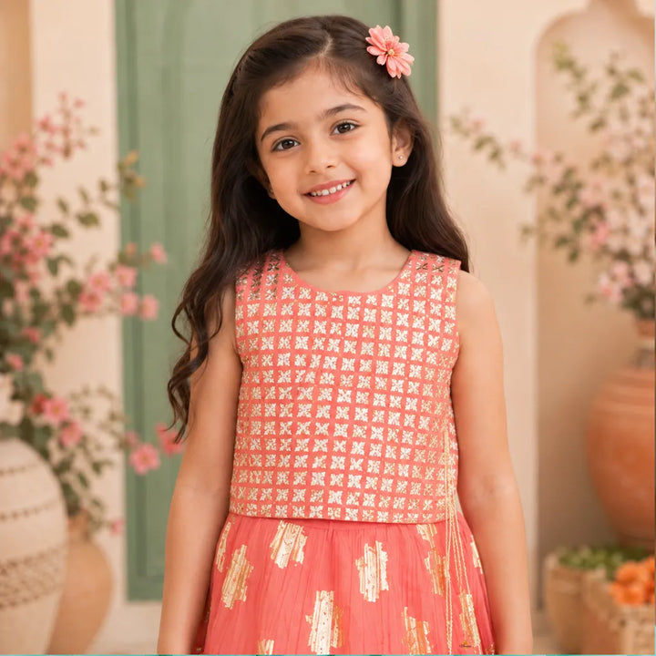 Peach Embroidered Girls Lehenga Choli