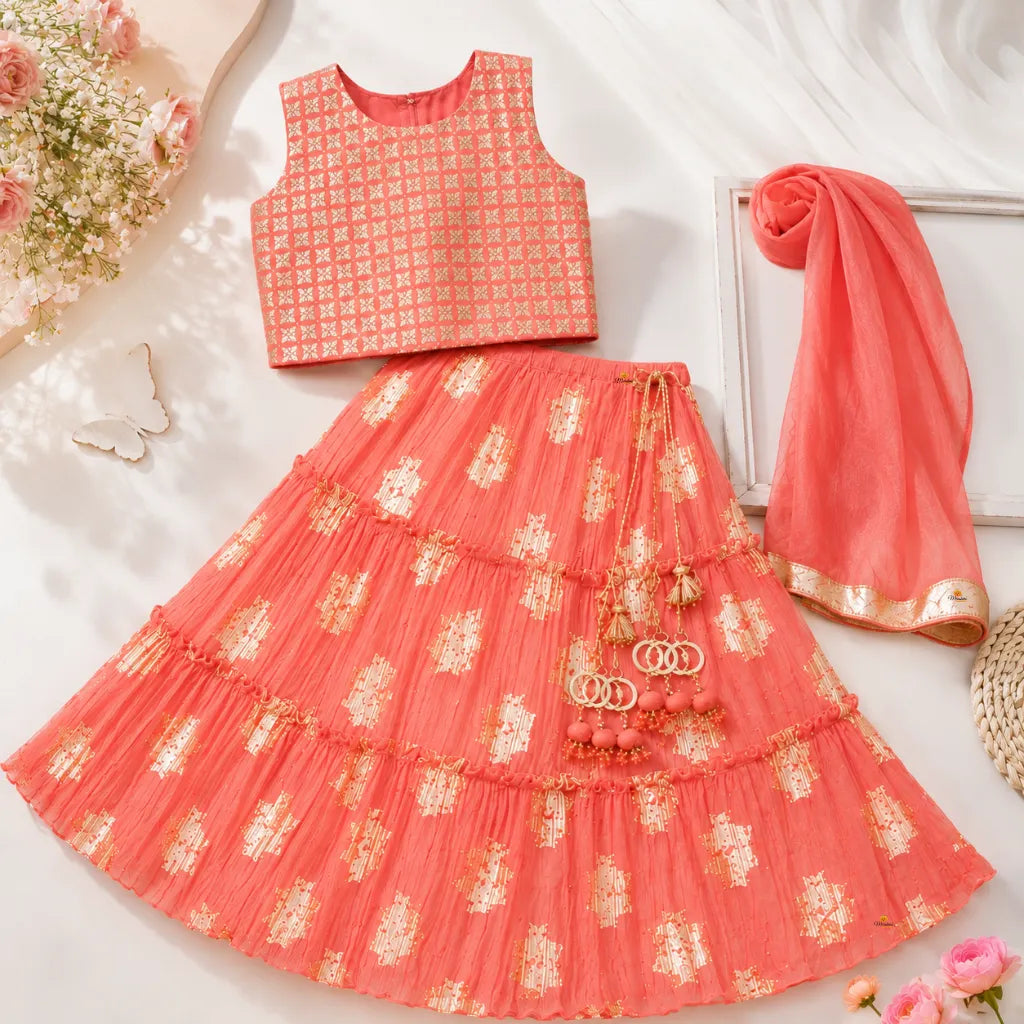 Peach Embroidered Girls Lehenga Choli