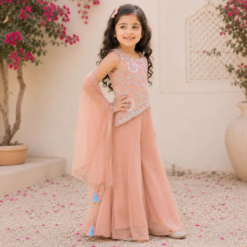 Peach Embroidered Palazzo Choli Set for Girls