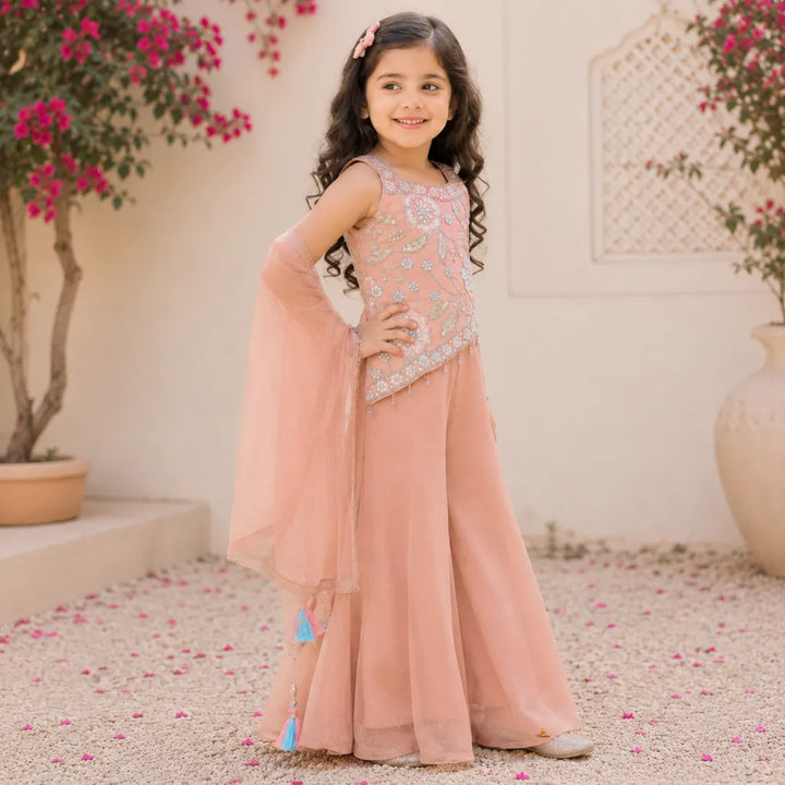 Peach Embroidered Palazzo Choli Set for Girls