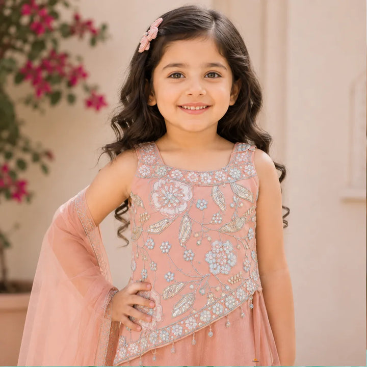 Peach Embroidered Palazzo Choli Set for Girls