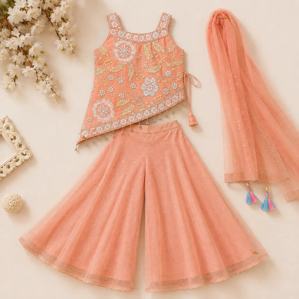 Peach Embroidered Palazzo Choli Set for Girls