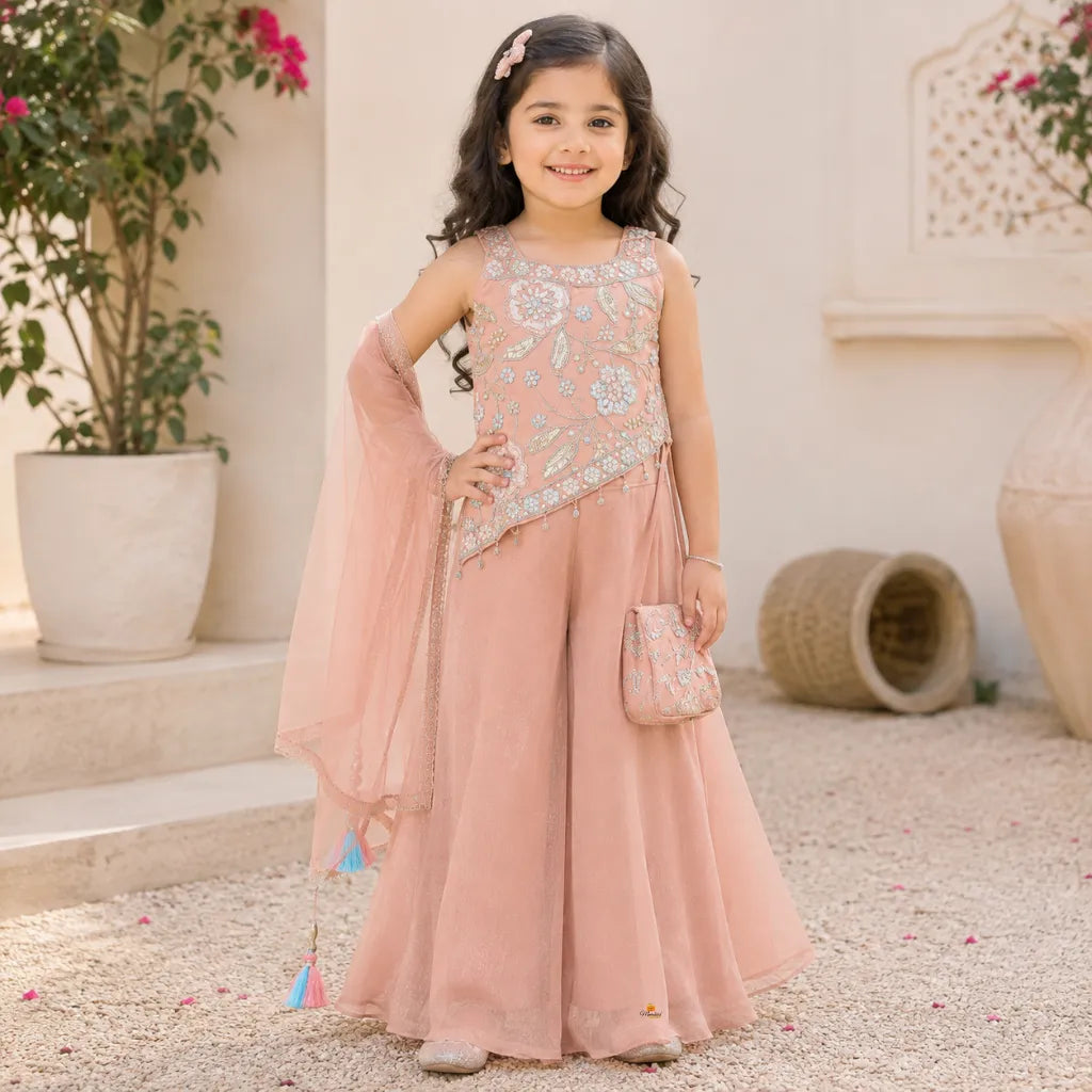 Peach Embroidered Palazzo Choli Set for Girls